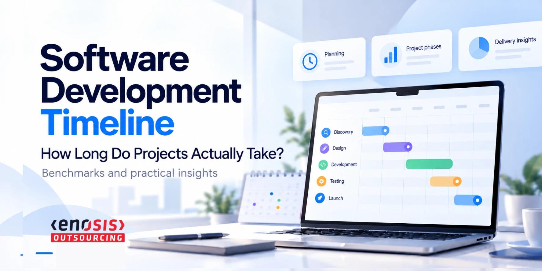 Enosis Outsourcing featured image of a software development timeline dashboard with project phases and planning visuals.