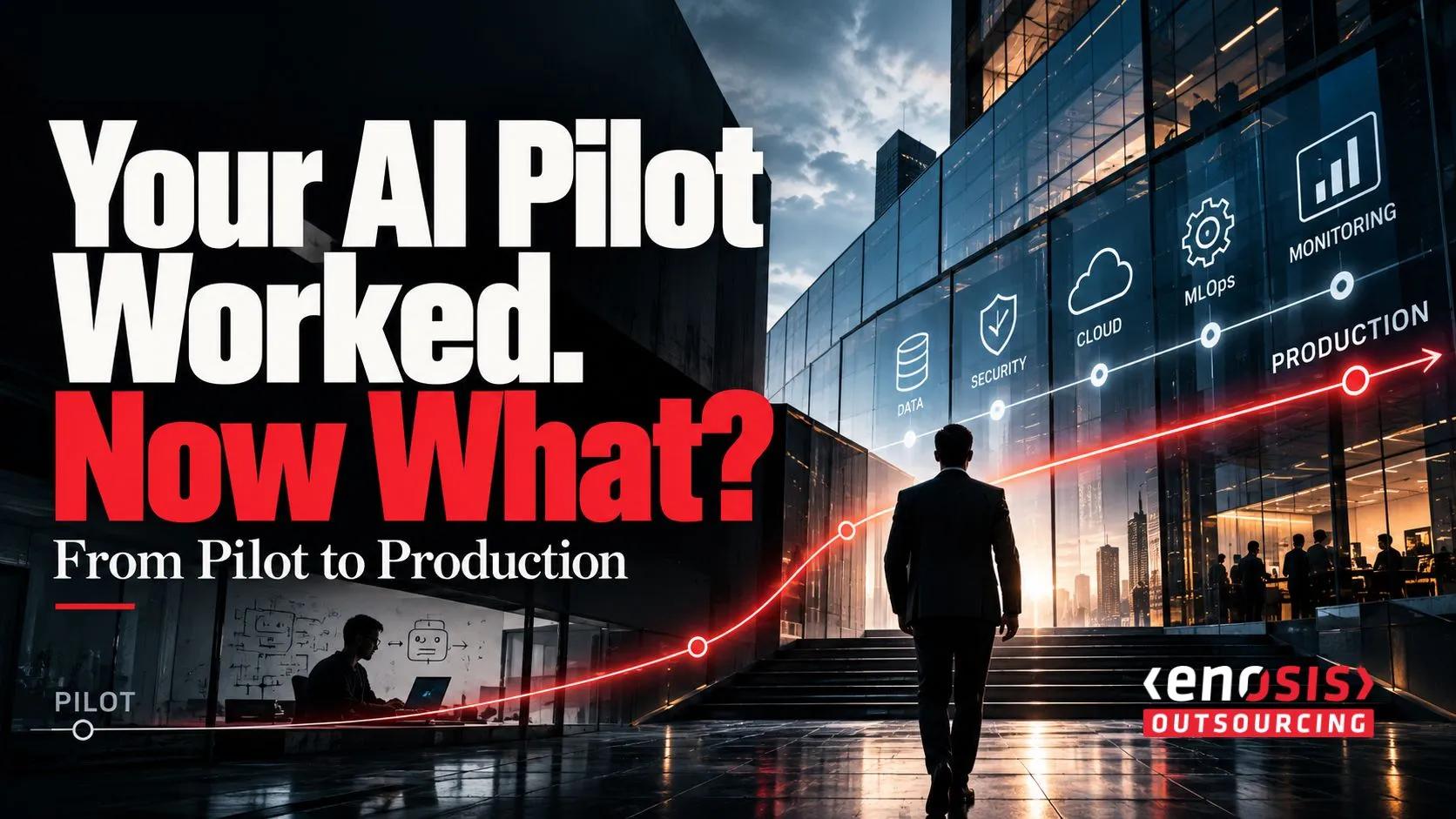 Enosis Outsourcing graphic showing an AI pilot moving toward enterprise production