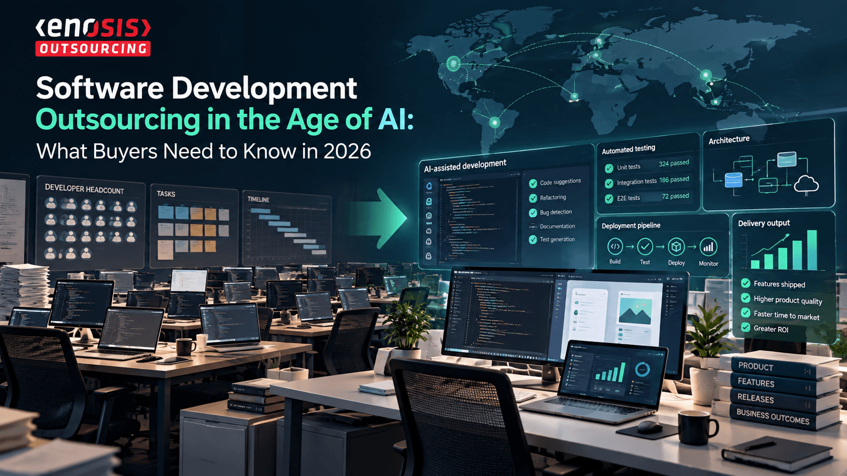 Software development outsourcing shifting from developer headcount to AI-assisted engineering, automated testing, deployment, and measurable delivery outcomes.