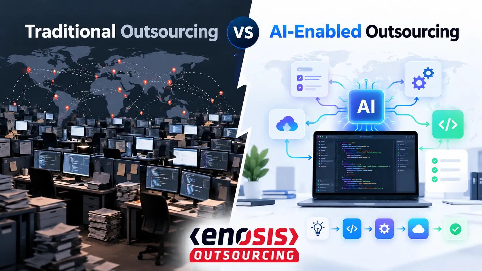 Traditional vs AI-enabled outsourcing workflow comparison with Enosis Outsourcing branding and automated development icons.