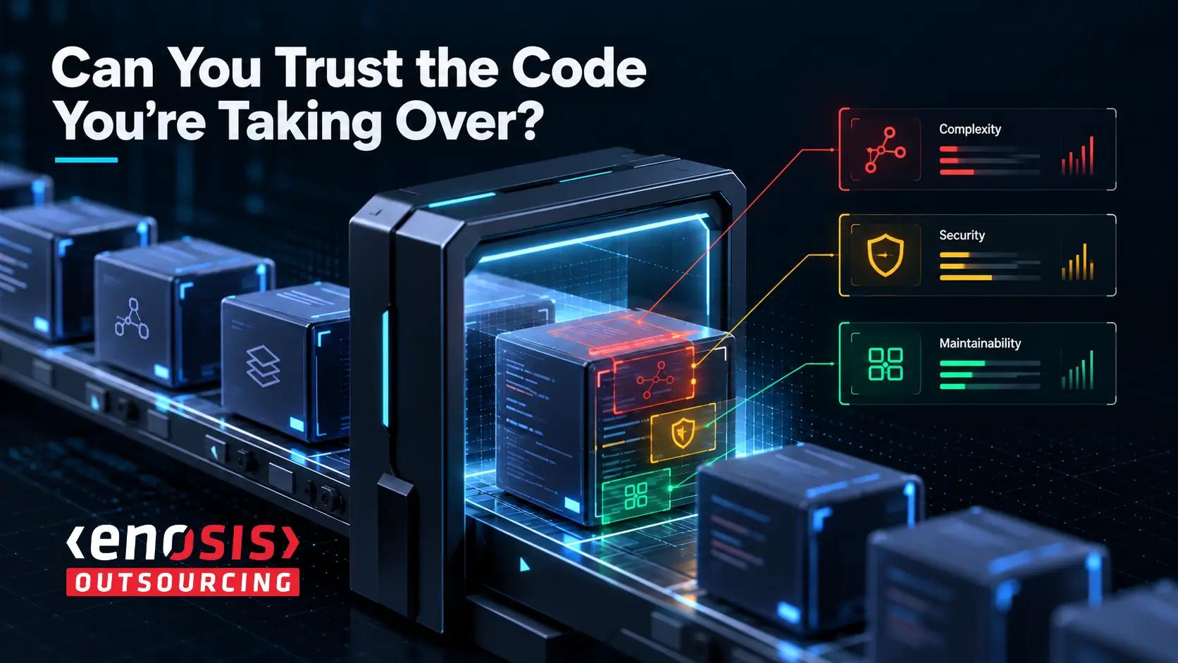 Enosis Outsourcing code quality assessment graphic showing software blocks scanned for complexity, security, and maintainability.