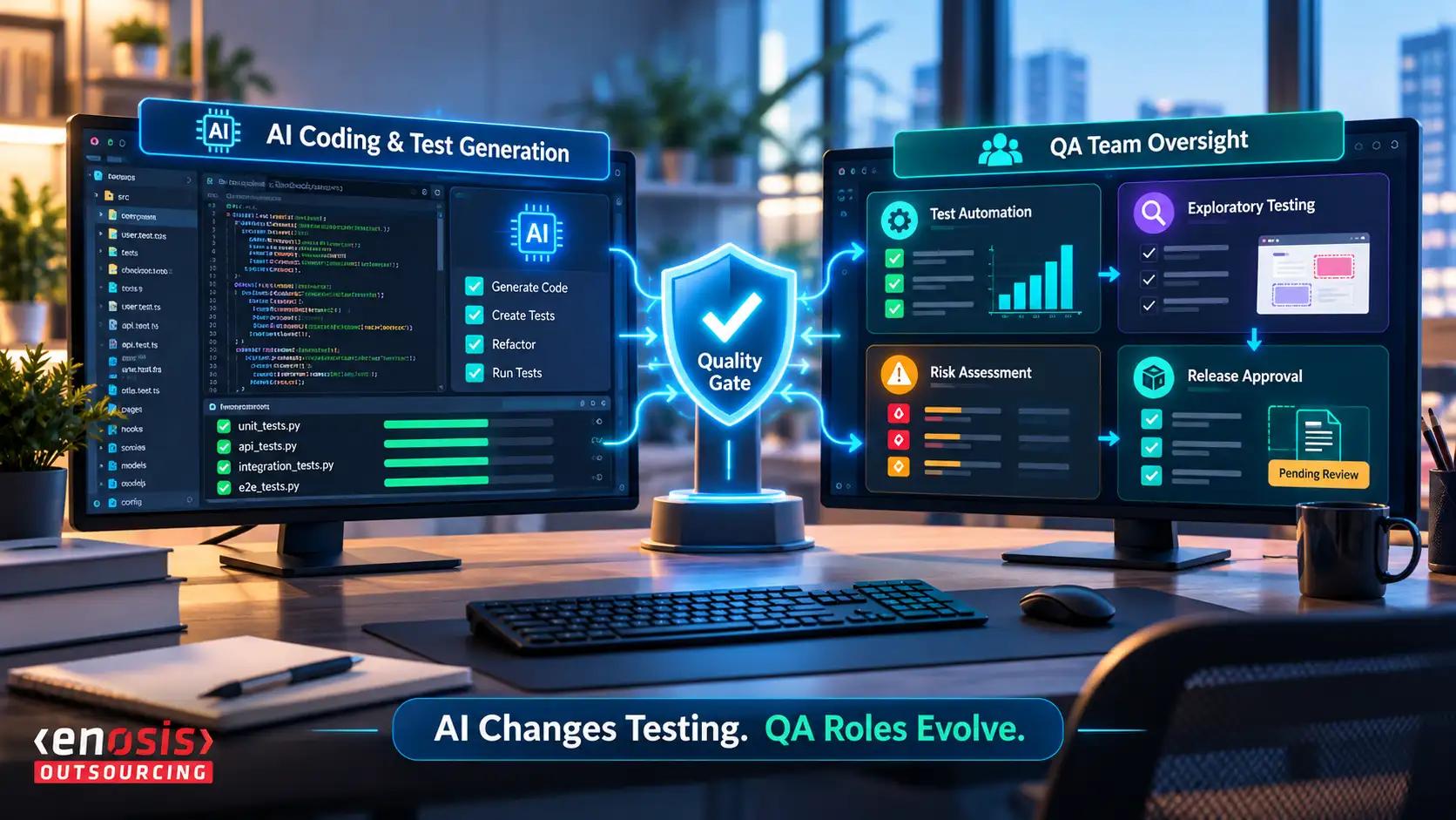 AI-powered coding and test generation connected to a quality gate and QA team oversight dashboard showing test automation, exploratory testing, risk assessment, and release approval.