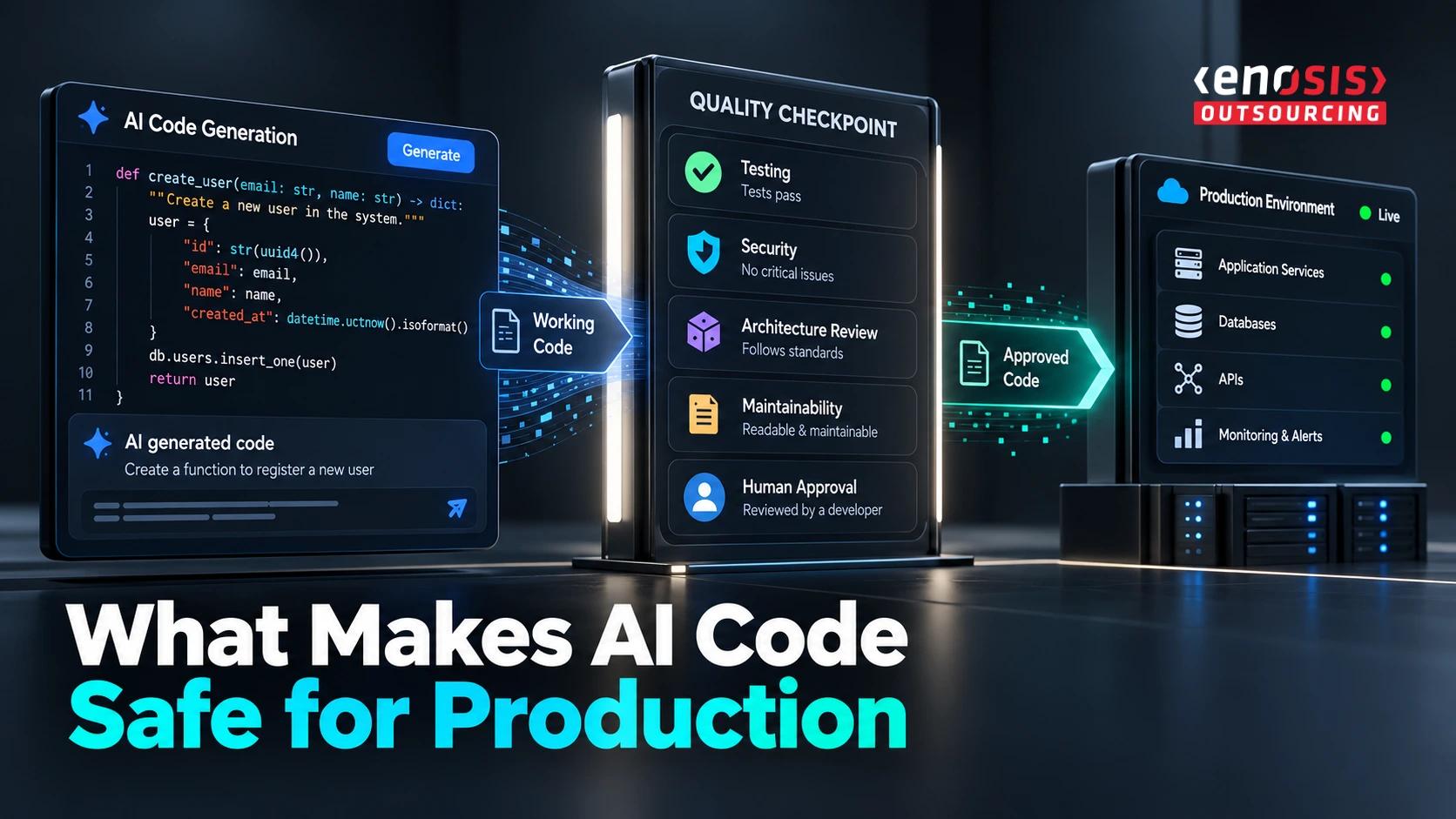 AI-generated code passing through testing, security, architecture, maintainability, and human approval before production deployment.