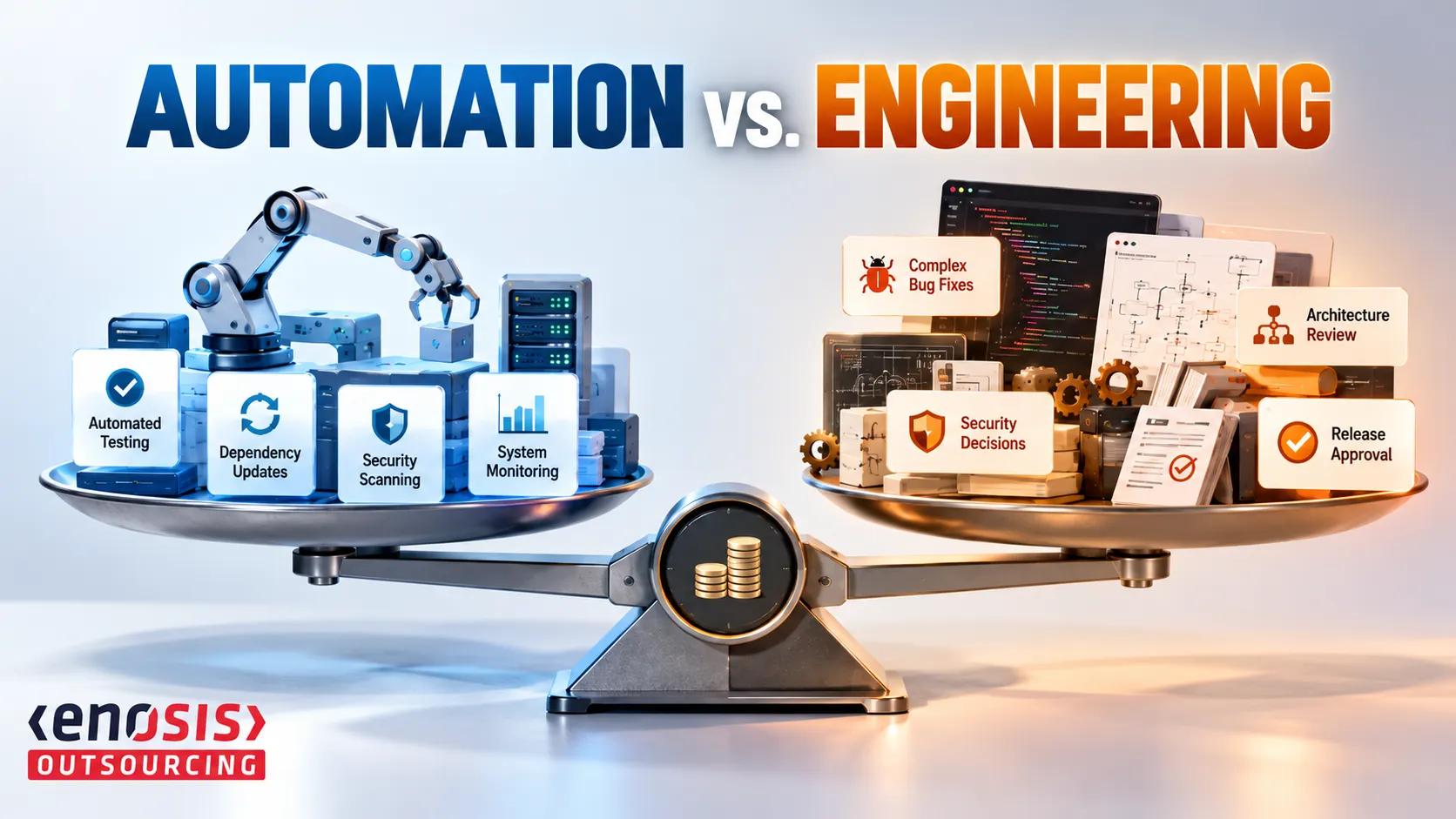 Automation vs. engineering comparison on a balance scale, showing automated testing, dependency updates, security scanning, and monitoring alongside complex bug fixes, architecture reviews, security decisions and release approval.