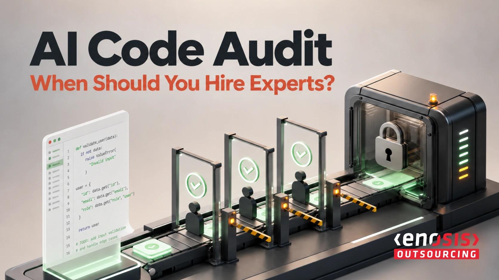 Illustration of an AI code audit showing a code document passing through verification checkpoints and a secure review system.