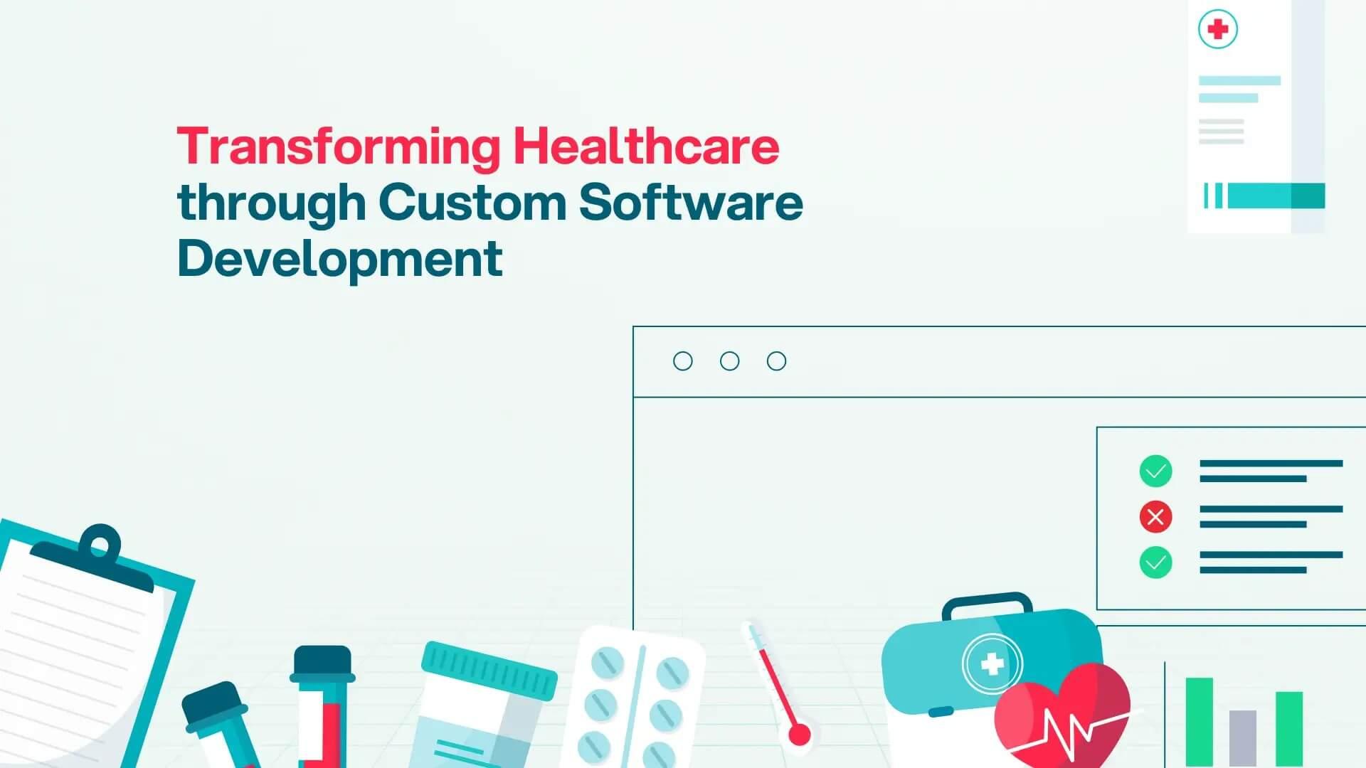 Enosis Outsourcing illustration of custom healthcare software development with medical records, data, and healthcare tools.