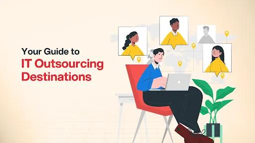 Illustration of a remote IT professional collaborating with global teams across outsourcing destinations, by Enosis Outsourcing.