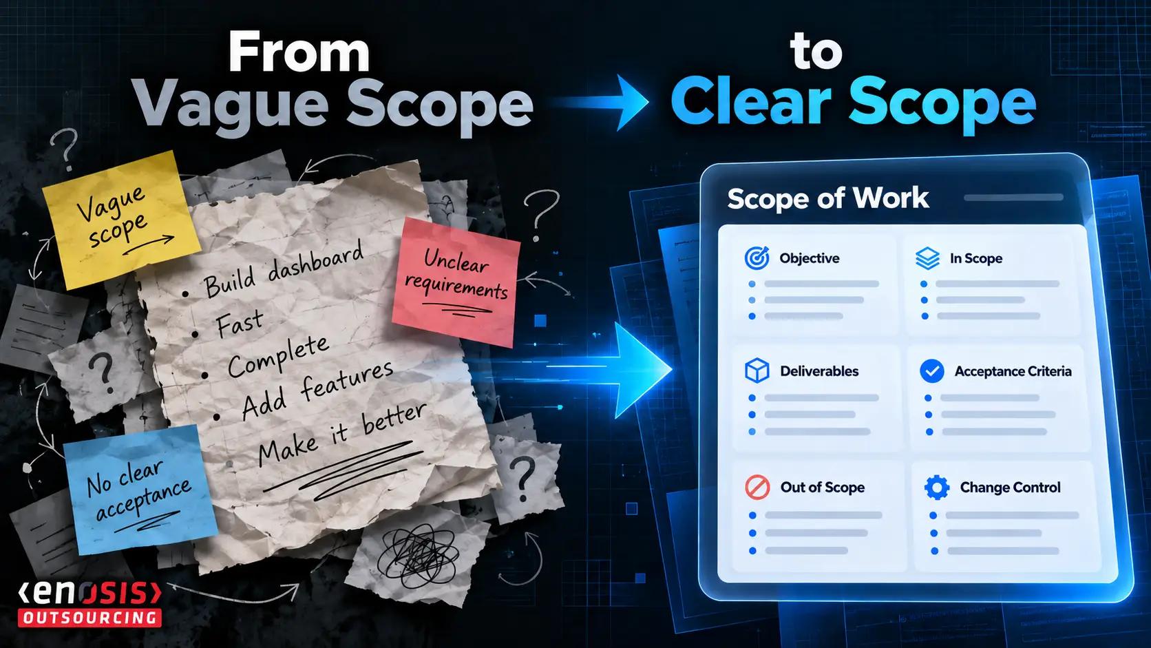 Enosis Outsourcing graphic showing a vague software development scope transformed into a clear, structured scope of work.
