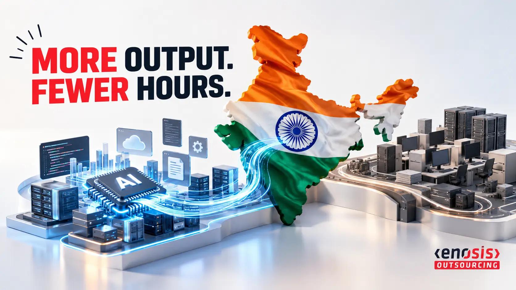 alt text of this image 3D illustration of India's AI-driven IT transformation, featuring the Indian flag, AI-powered software systems, traditional IT infrastructure, and the message “More Output. Fewer Hours.”