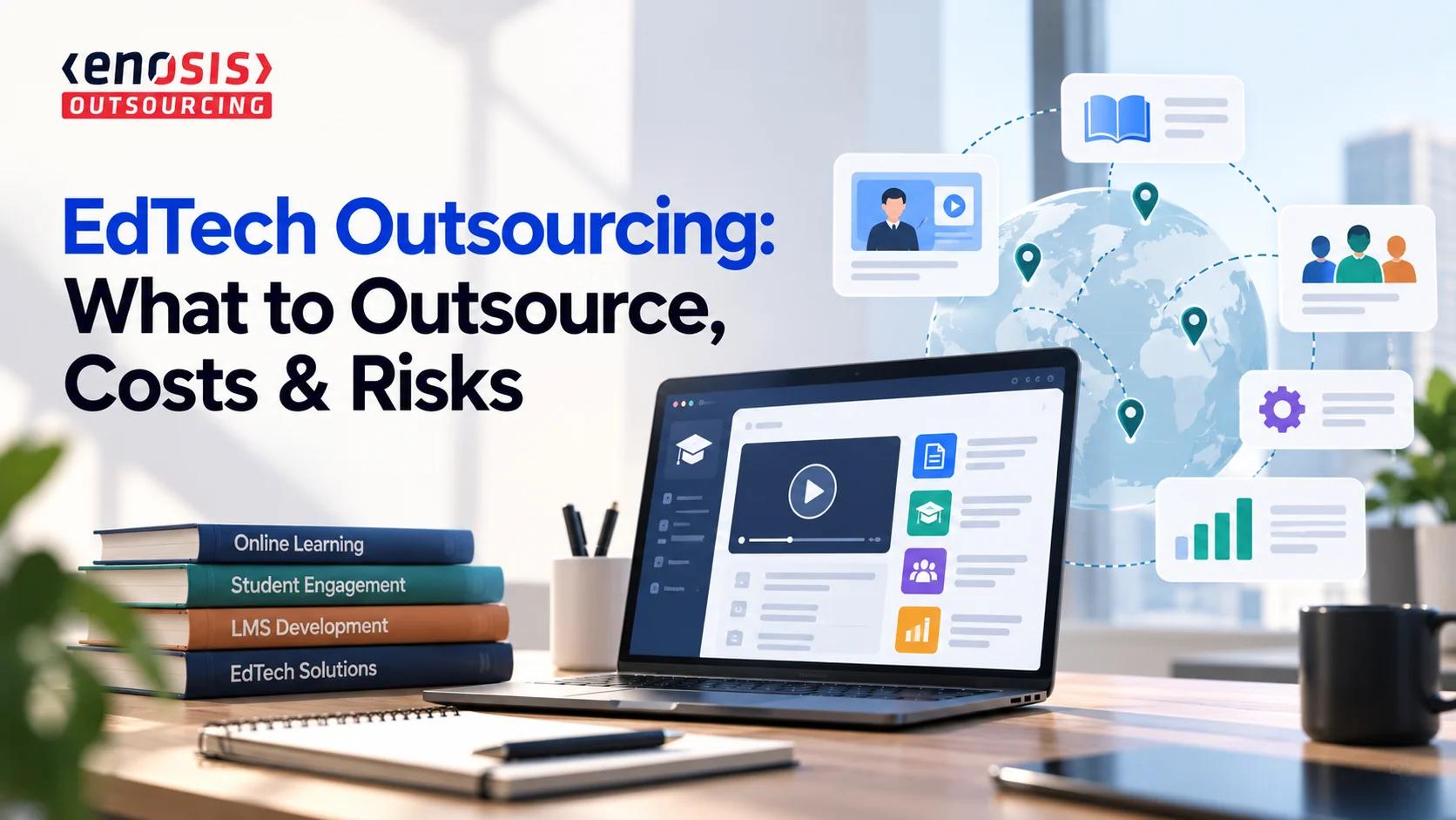 EdTech outsourcing illustration featuring an online learning platform on a laptop, global education connections, LMS development, student engagement and digital learning solutions.