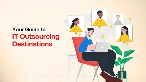 Illustration of a remote IT professional collaborating with global teams across outsourcing destinations, by Enosis Outsourcing.
