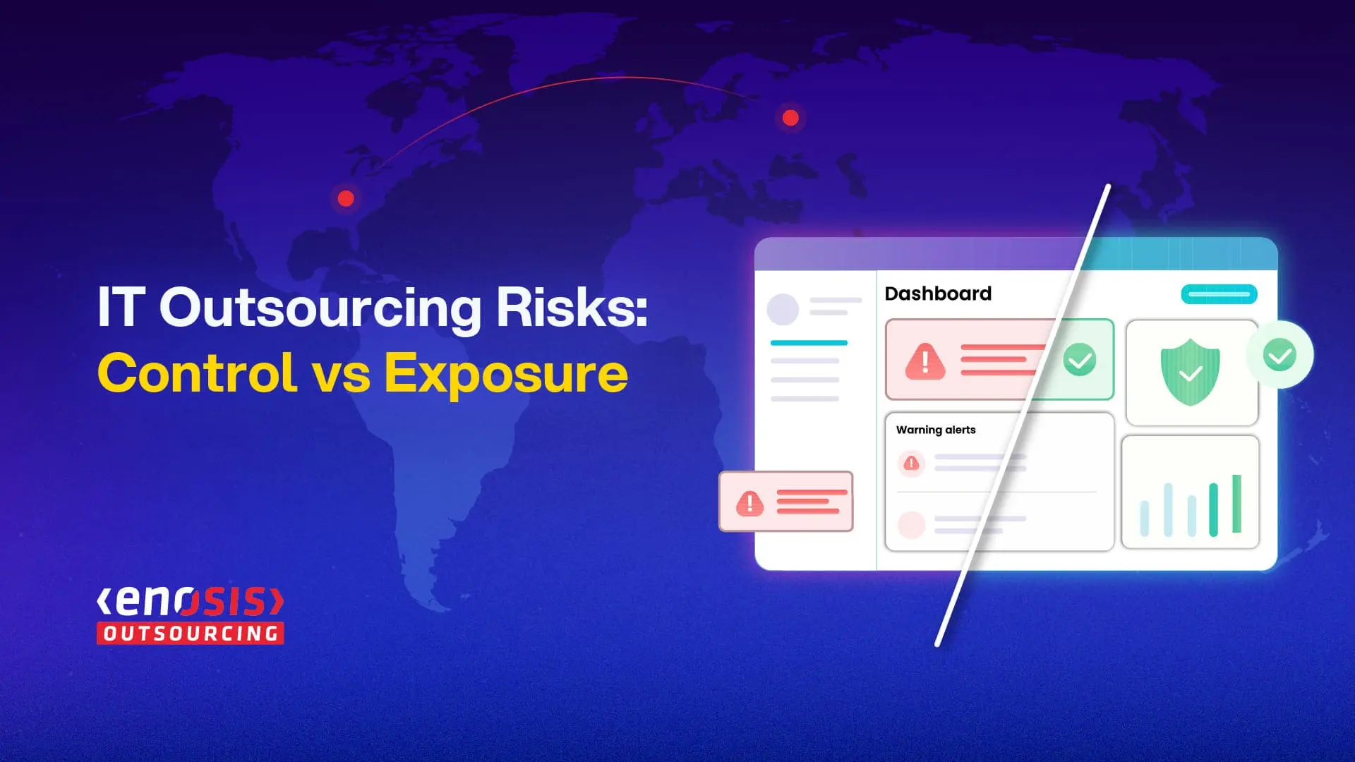 IT outsourcing risks visual showing system failure versus structured vendor evaluation dashboard
