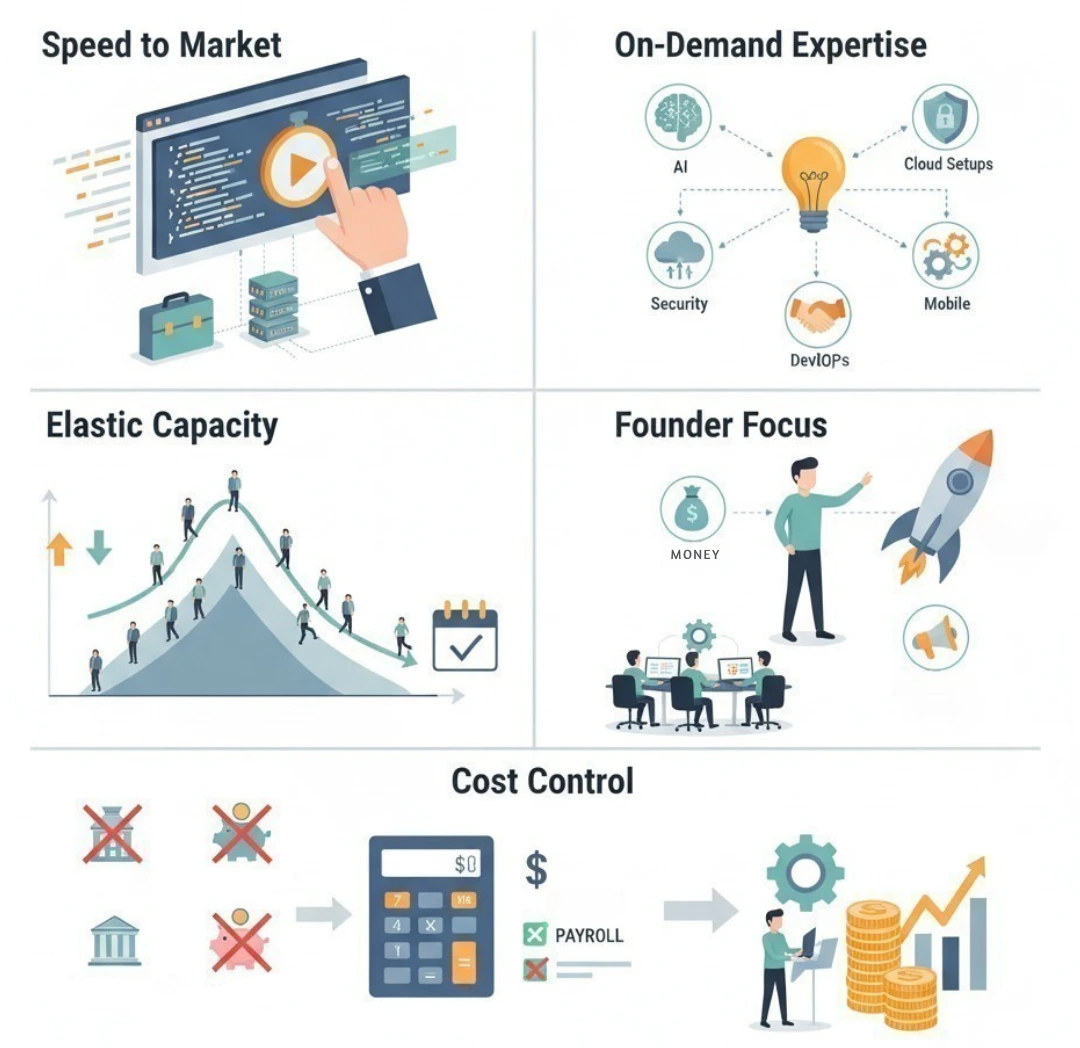 An infographic titled "Why Startups Outsource" illustrates five primary reasons: Speed to Market, On-Demand Expertise, Elastic Capacity, Founder Focus, Cost Control